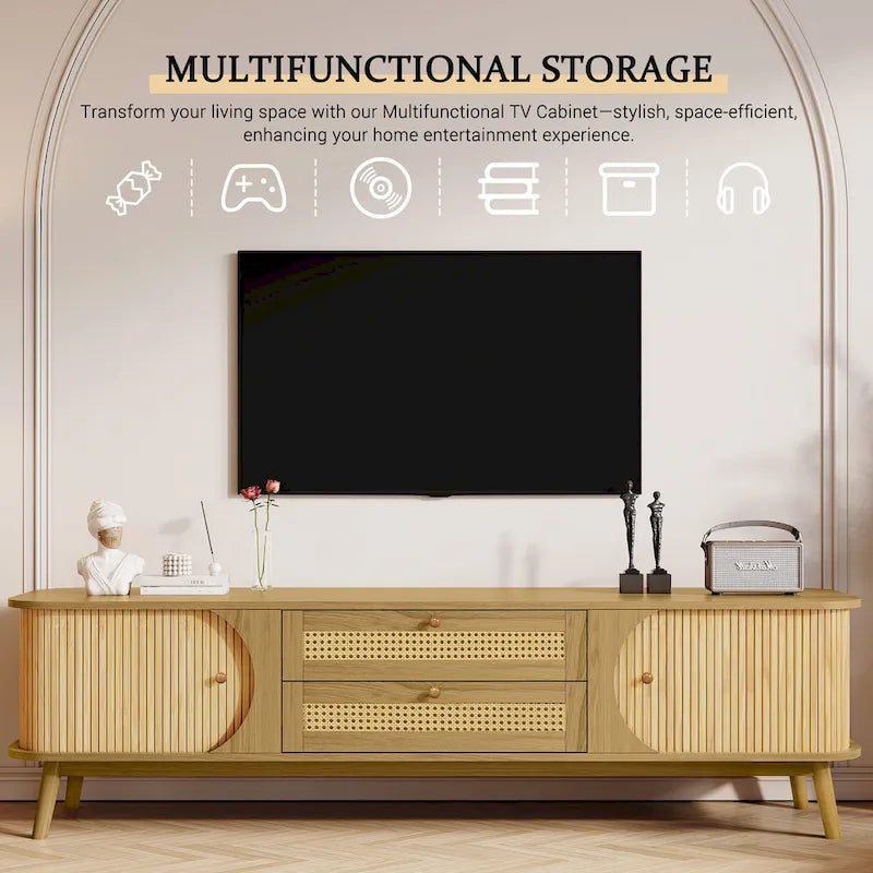 Mobile TV in Rattan con Contenitore | Adatto per TV fino a 75" | Montaggio da 1 Persona