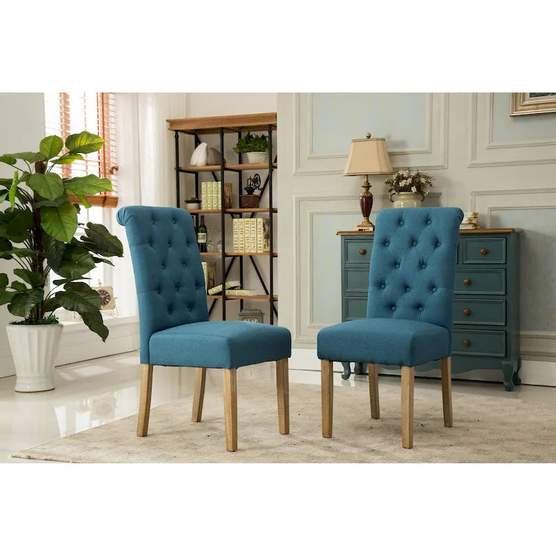 Set di 2 sedie da pranzo con schienale alto capitonné e gambe in legno massello – Blu / Antracite / Viola / Tortora / Giallo / Grigio