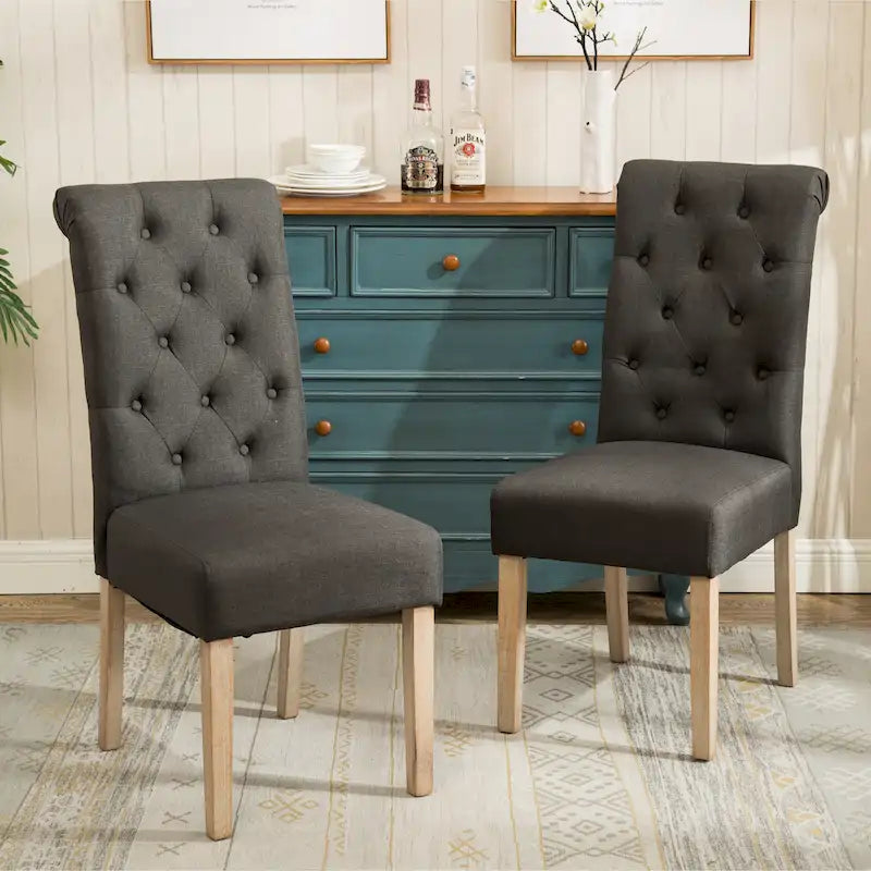 Set di 2 sedie da pranzo con schienale alto capitonné e gambe in legno massello – Blu / Antracite / Viola / Tortora / Giallo / Grigio