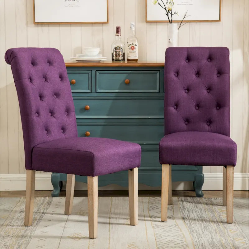 Set di 2 sedie da pranzo con schienale alto capitonné e gambe in legno massello – Blu / Antracite / Viola / Tortora / Giallo / Grigio