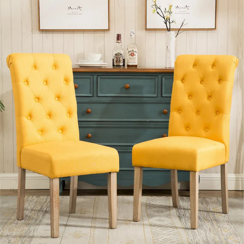 Set di 2 sedie da pranzo con schienale alto capitonné e gambe in legno massello – Blu / Antracite / Viola / Tortora / Giallo / Grigio