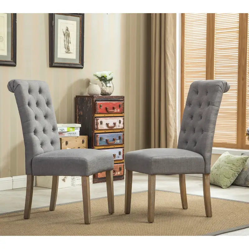 Set di 2 sedie da pranzo con schienale alto capitonné e gambe in legno massello – Blu / Antracite / Viola / Tortora / Giallo / Grigio