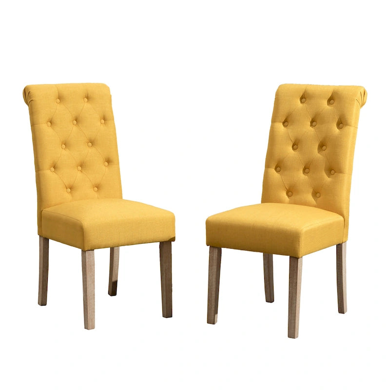 Set di 2 sedie da pranzo con schienale alto capitonné e gambe in legno massello – Blu / Antracite / Viola / Tortora / Giallo / Grigio