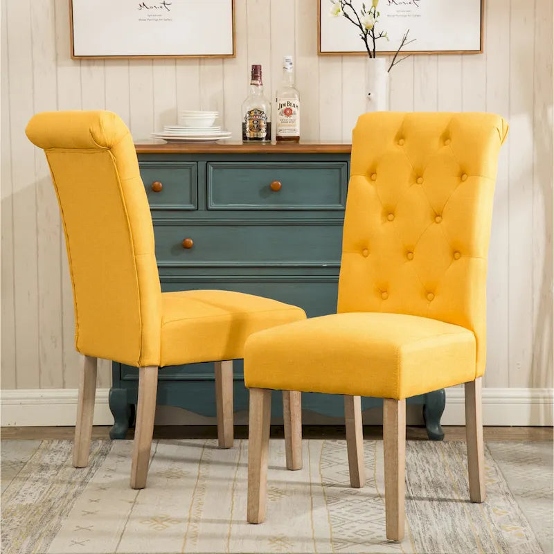 Set di 2 sedie da pranzo con schienale alto capitonné e gambe in legno massello – Blu / Antracite / Viola / Tortora / Giallo / Grigio