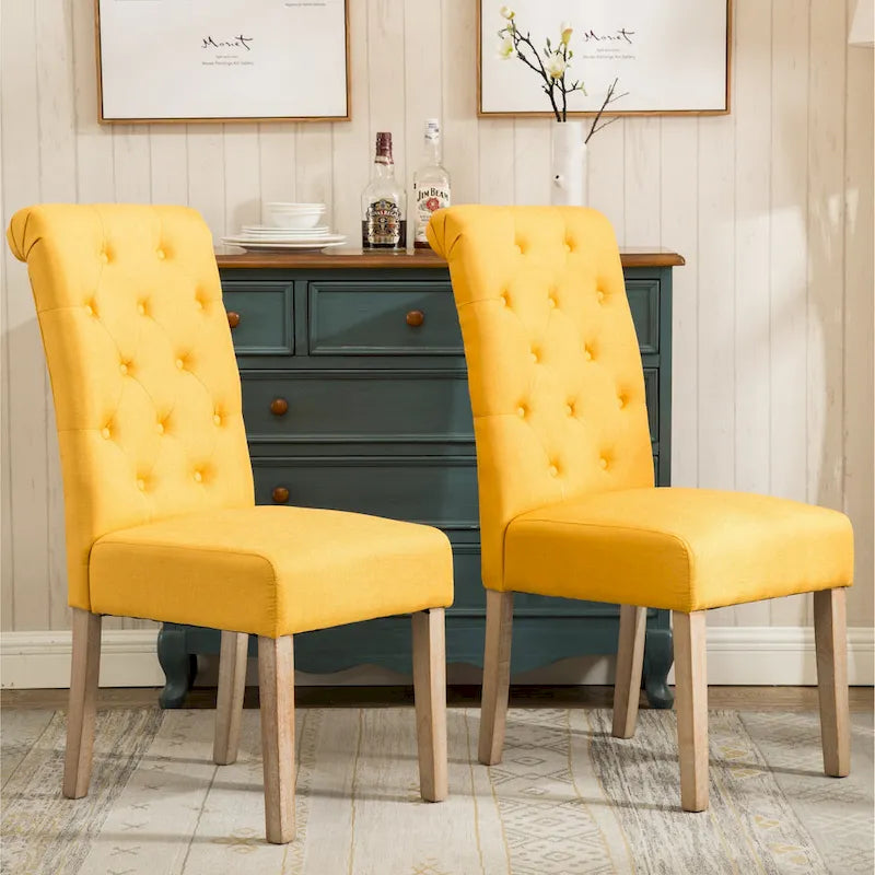 Set di 2 sedie da pranzo con schienale alto capitonné e gambe in legno massello – Blu / Antracite / Viola / Tortora / Giallo / Grigio