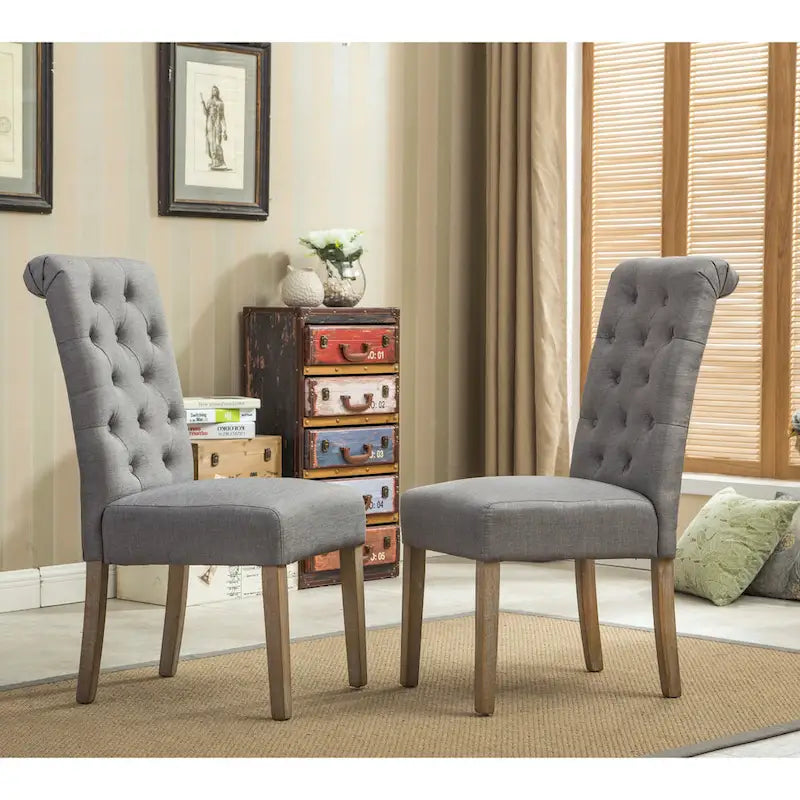 Set di 2 sedie da pranzo con schienale alto capitonné e gambe in legno massello – Blu / Antracite / Viola / Tortora / Giallo / Grigio