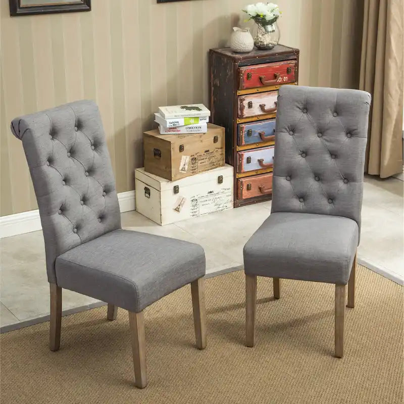 Set di 2 sedie da pranzo con schienale alto capitonné e gambe in legno massello – Blu / Antracite / Viola / Tortora / Giallo / Grigio