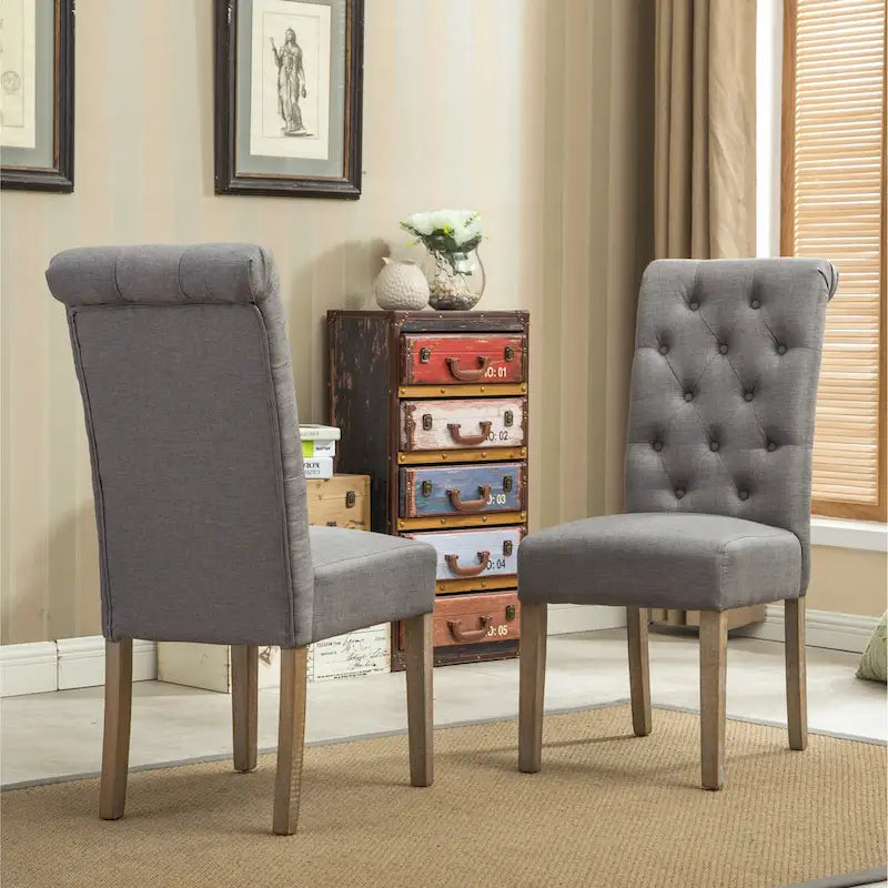 Set di 2 sedie da pranzo con schienale alto capitonné e gambe in legno massello – Blu / Antracite / Viola / Tortora / Giallo / Grigio