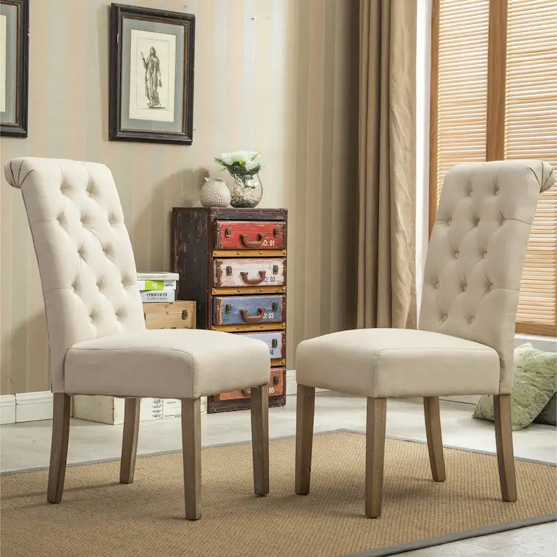 Set di 2 sedie da pranzo con schienale alto capitonné e gambe in legno massello – Blu / Antracite / Viola / Tortora / Giallo / Grigio