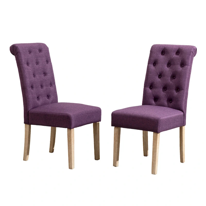 Set di 2 sedie da pranzo con schienale alto capitonné e gambe in legno massello – Blu / Antracite / Viola / Tortora / Giallo / Grigio