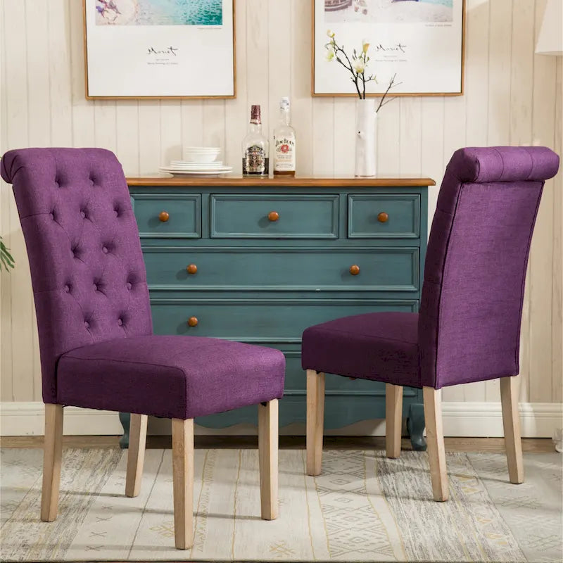 Set di 2 sedie da pranzo con schienale alto capitonné e gambe in legno massello – Blu / Antracite / Viola / Tortora / Giallo / Grigio