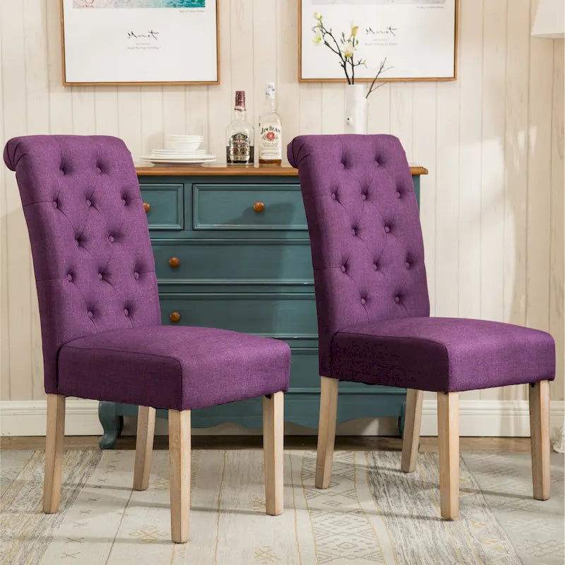 Set di 2 sedie da pranzo con schienale alto capitonné e gambe in legno massello – Blu / Antracite / Viola / Tortora / Giallo / Grigio
