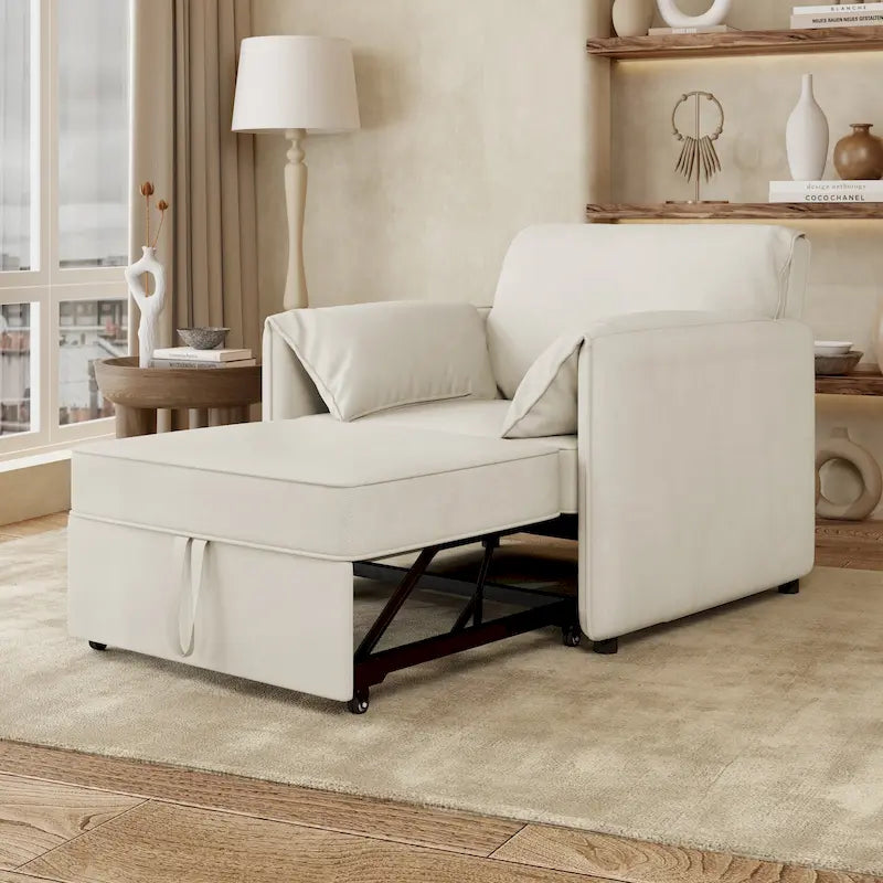 Poltrona letto convertibile in lino bianco/grigio, divano letto 3 in 1 con schienale regolabile, singolo