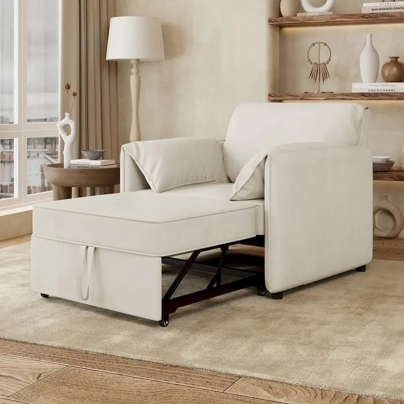 Poltrona letto convertibile in lino bianco/grigio, divano letto 3 in 1 con schienale regolabile, singolo