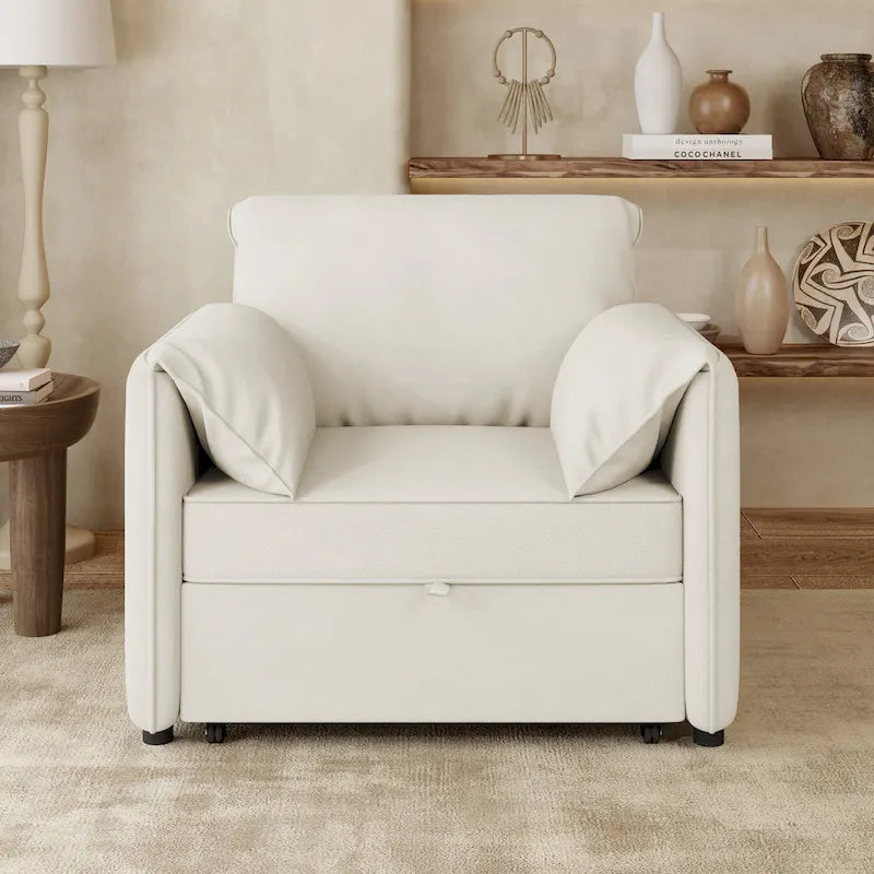 Poltrona letto convertibile in lino bianco/grigio, divano letto 3 in 1 con schienale regolabile, singolo