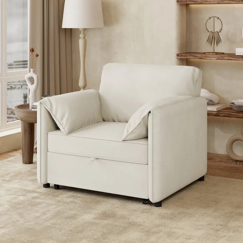 Poltrona letto convertibile in lino bianco/grigio, divano letto 3 in 1 con schienale regolabile, singolo