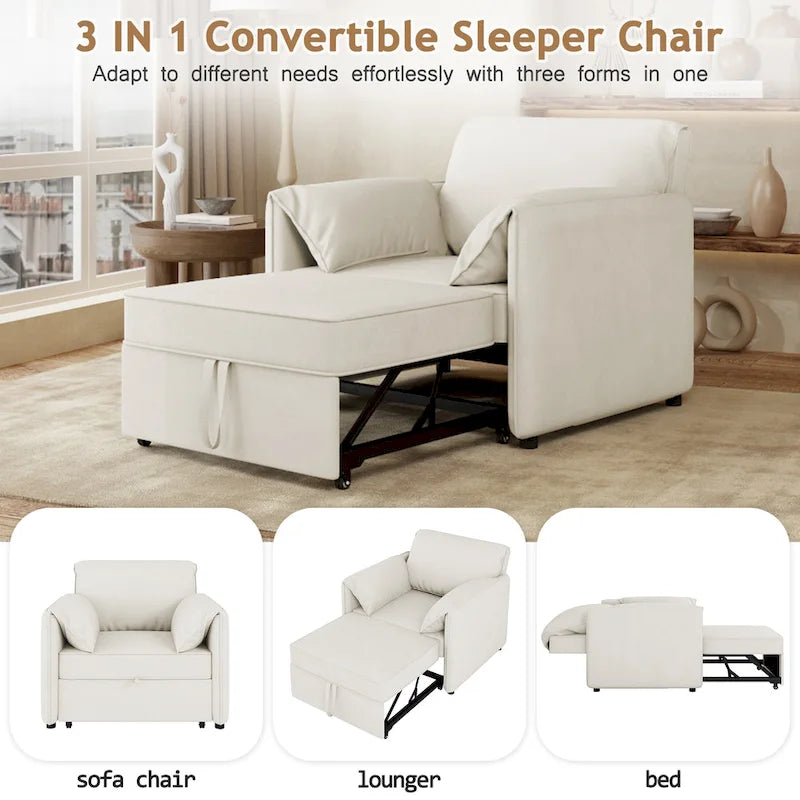 Poltrona letto convertibile in lino bianco/grigio, divano letto 3 in 1 con schienale regolabile, singolo