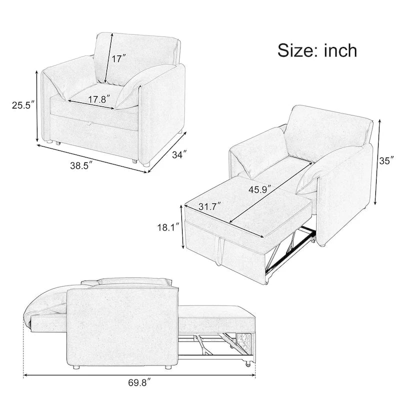 Poltrona letto convertibile in lino bianco/grigio, divano letto 3 in 1 con schienale regolabile, singolo