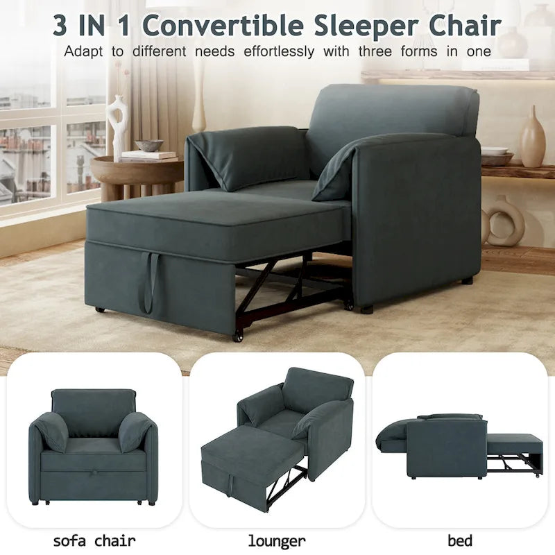 Poltrona letto convertibile in lino bianco/grigio, divano letto 3 in 1 con schienale regolabile, singolo