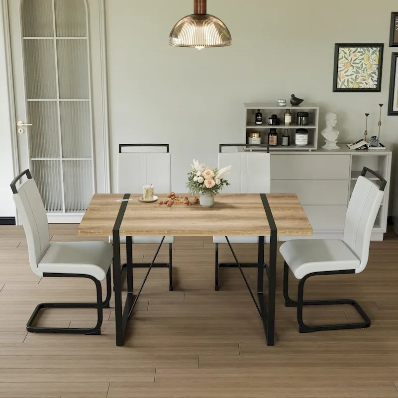 Set da pranzo da 5 pezzi nero/bianco/naturale con gambe in metallo, 4 posti a sedere