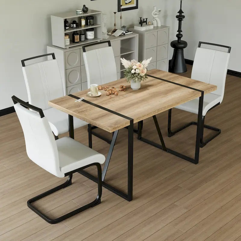 Set da pranzo da 5 pezzi nero/bianco/naturale con gambe in metallo, 4 posti a sedere