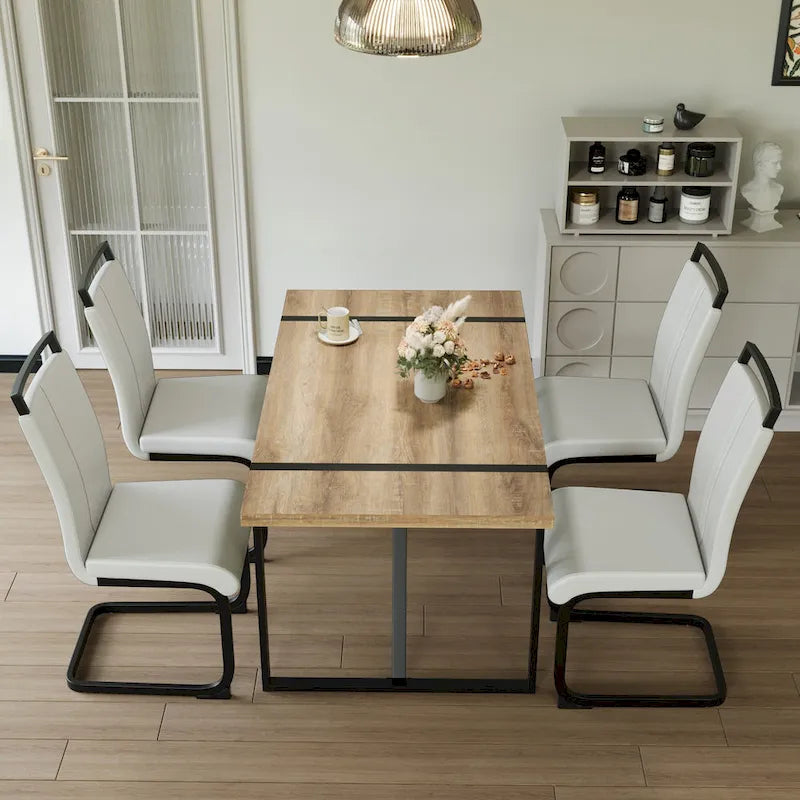 Set da pranzo da 5 pezzi nero/bianco/naturale con gambe in metallo, 4 posti a sedere