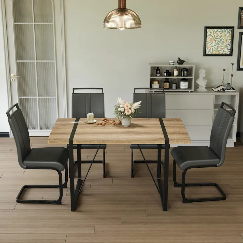 Set da pranzo da 5 pezzi nero/bianco/naturale con gambe in metallo, 4 posti a sedere