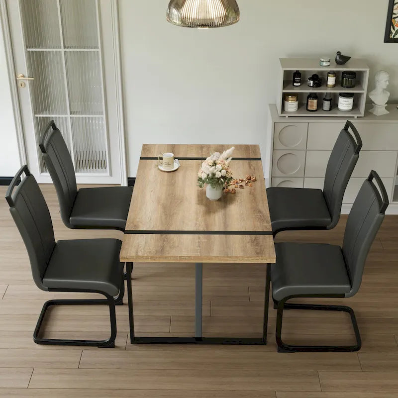 Set da pranzo da 5 pezzi nero/bianco/naturale con gambe in metallo, 4 posti a sedere