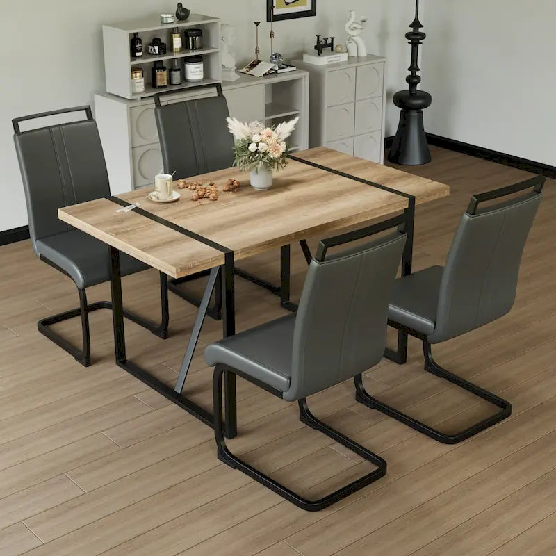 Set da pranzo da 5 pezzi nero/bianco/naturale con gambe in metallo, 4 posti a sedere