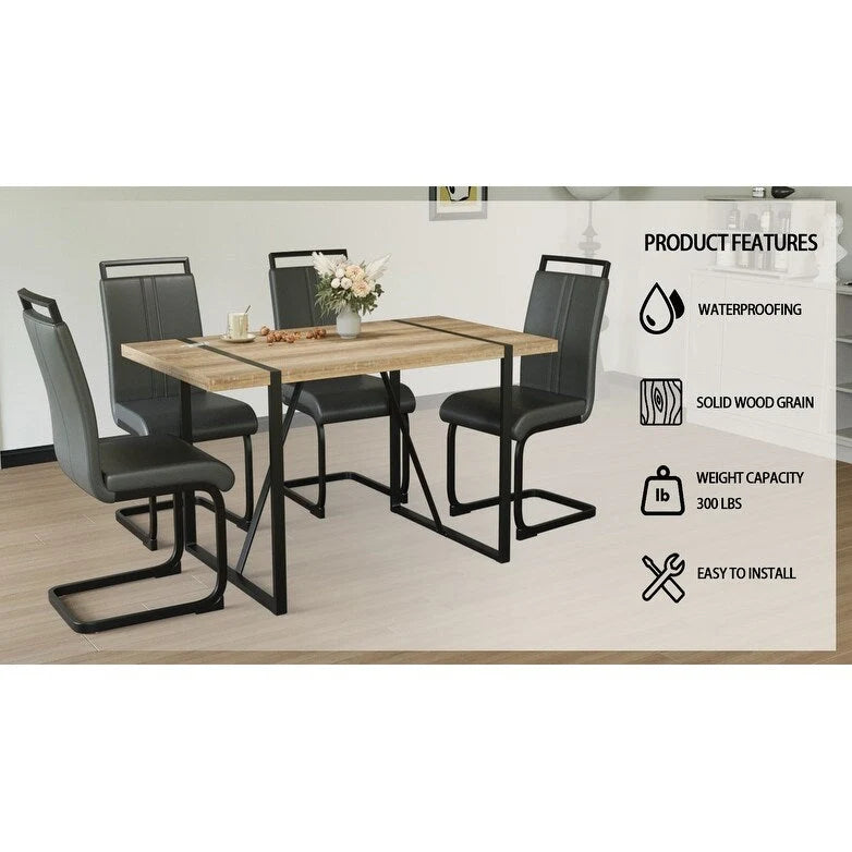 Set da pranzo da 5 pezzi nero/bianco/naturale con gambe in metallo, 4 posti a sedere