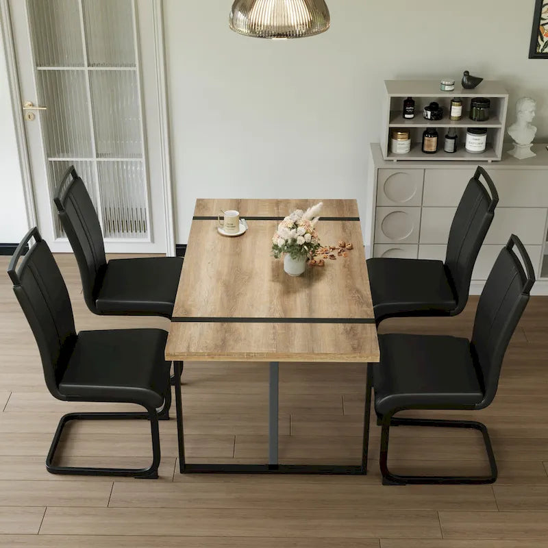 Set da pranzo da 5 pezzi nero/bianco/naturale con gambe in metallo, 4 posti a sedere