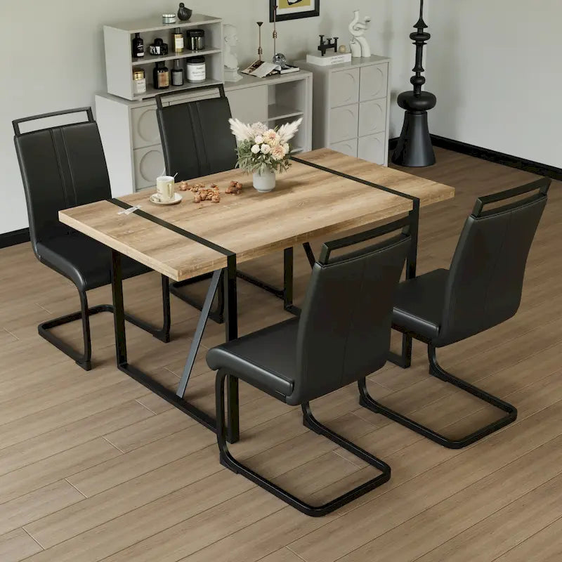Set da pranzo da 5 pezzi nero/bianco/naturale con gambe in metallo, 4 posti a sedere