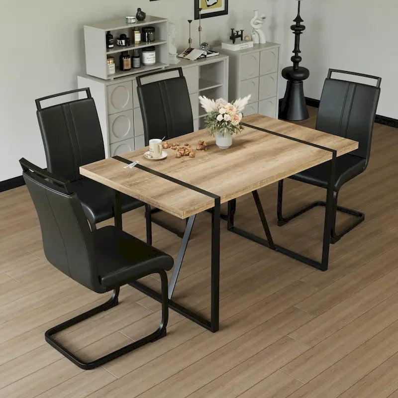 Set da pranzo da 5 pezzi nero/bianco/naturale con gambe in metallo, 4 posti a sedere