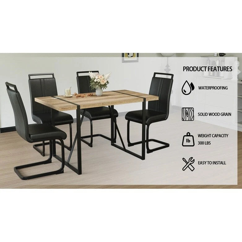 Set da pranzo da 5 pezzi nero/bianco/naturale con gambe in metallo, 4 posti a sedere