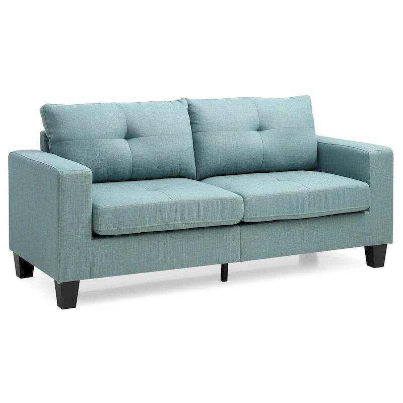 Divano a due posti, 180 cm, in twill blu con braccioli quadrati e capitonné