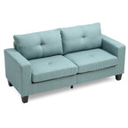 Divano a due posti, 180 cm, in twill blu con braccioli quadrati e capitonné