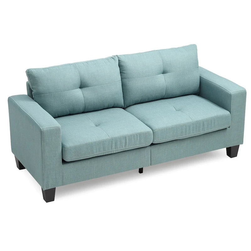 Divano a due posti, 180 cm, in twill blu con braccioli quadrati e capitonné