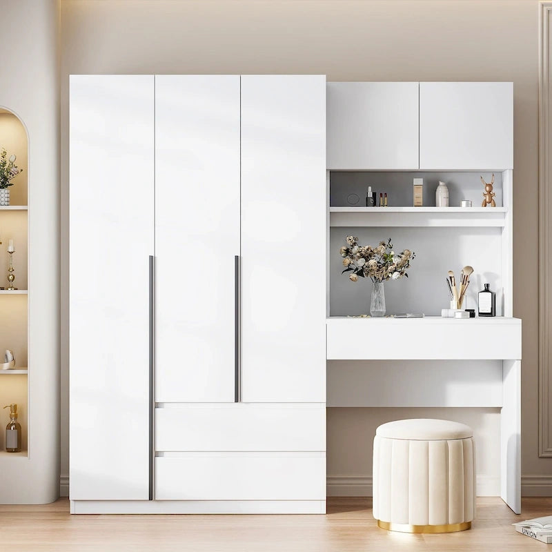 Armadio a 3 ante bianco con scrivania integrata, armadio contenitore per camera da letto singola