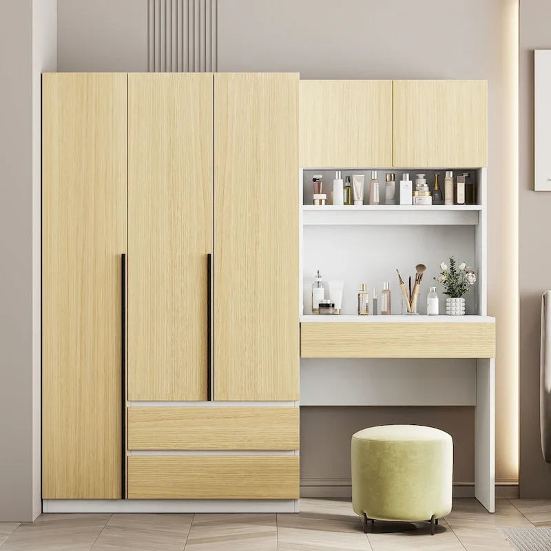Armadio a 3 ante bianco con scrivania integrata, armadio contenitore per camera da letto singola