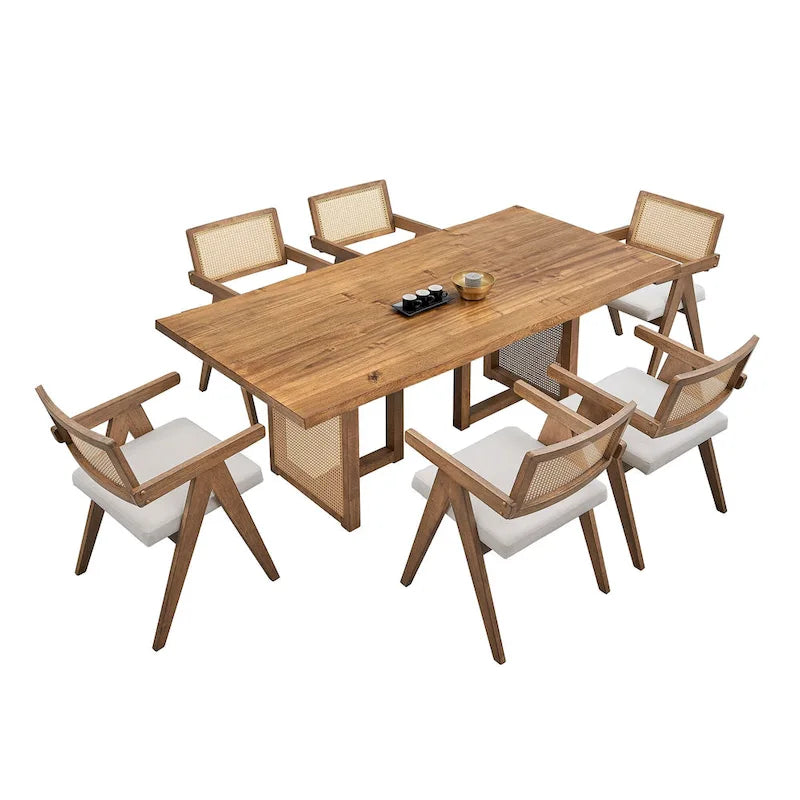 Set da pranzo da 7 pezzi in stile rattan in rovere naturale per 6 persone