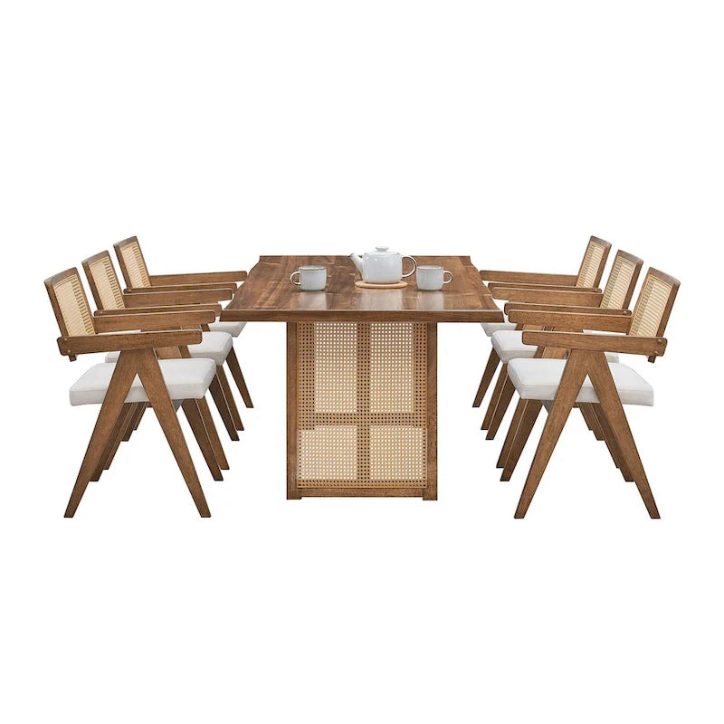 Set da pranzo da 7 pezzi in stile rattan in rovere naturale per 6 persone