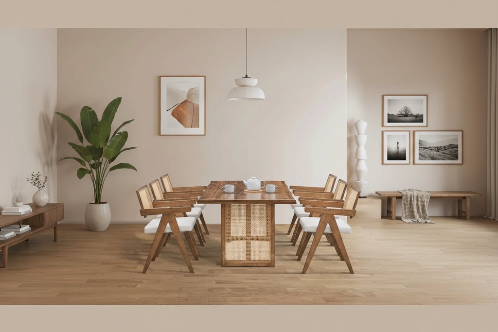 Set da pranzo da 7 pezzi in stile rattan in rovere naturale per 6 persone