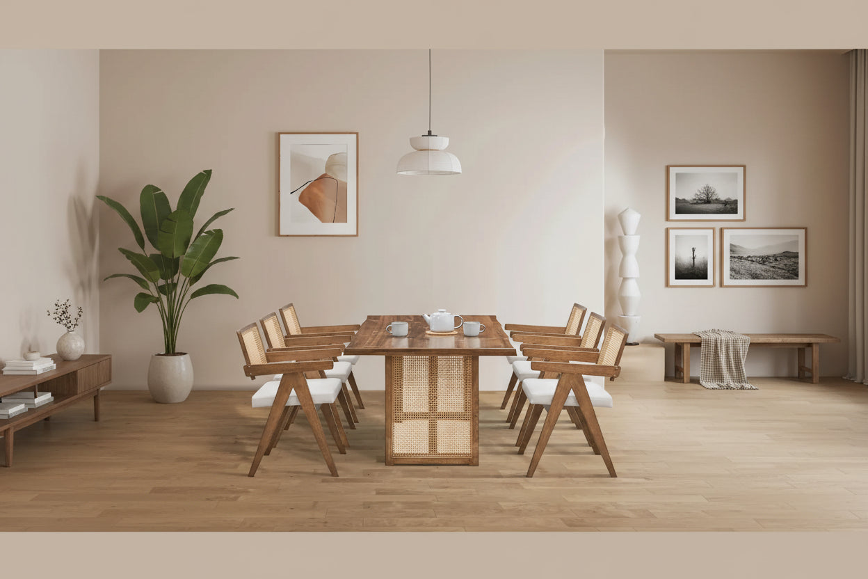 Set da pranzo da 7 pezzi in stile rattan in rovere naturale per 6 persone