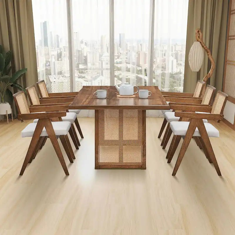 Set da pranzo da 7 pezzi in stile rattan in rovere naturale per 6 persone