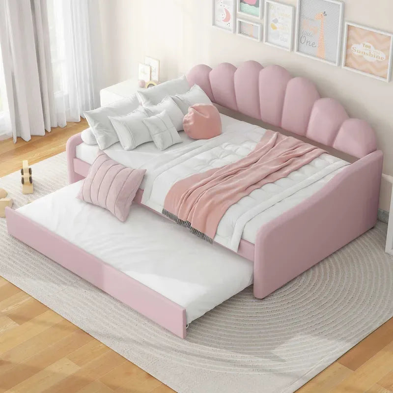 Daybed rosa e bianco in velluto con schienale a conchiglia e letto estraibile, singolo, 2 posti letto