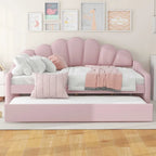Daybed rosa e bianco in velluto con schienale a conchiglia e letto estraibile, singolo, 2 posti letto