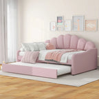 Daybed rosa e bianco in velluto con schienale a conchiglia e letto estraibile, singolo, 2 posti letto