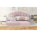 Daybed rosa e bianco in velluto con schienale a conchiglia e letto estraibile, singolo, 2 posti letto