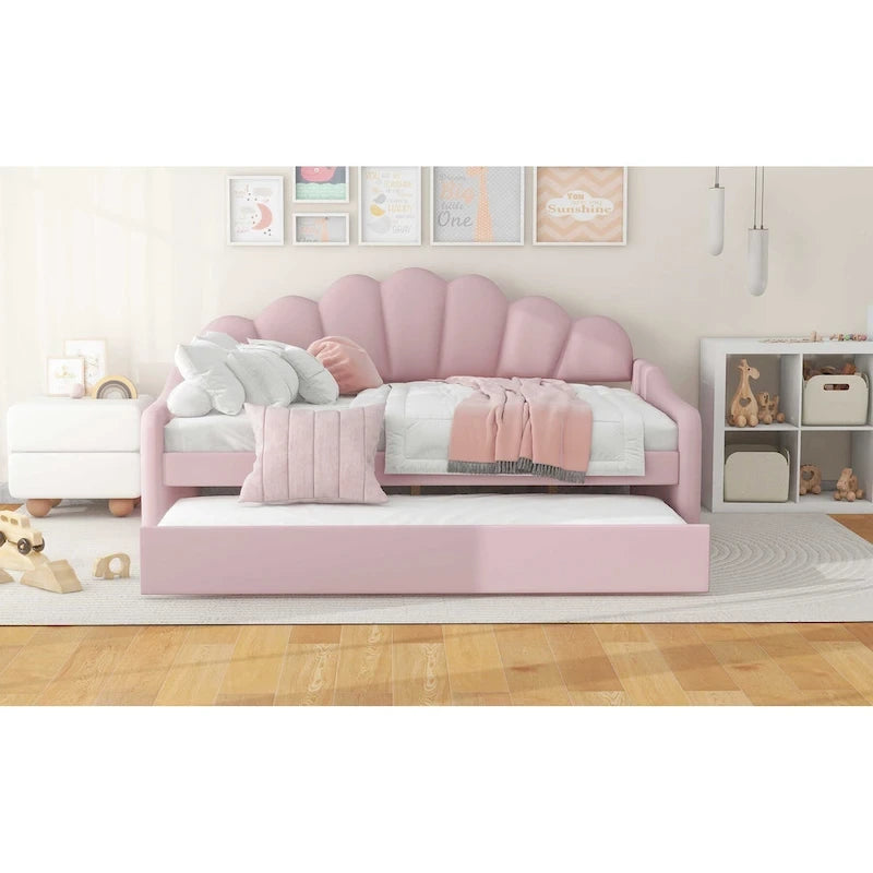 Daybed rosa e bianco in velluto con schienale a conchiglia e letto estraibile, singolo, 2 posti letto