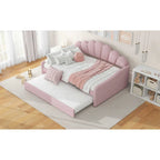Daybed rosa e bianco in velluto con schienale a conchiglia e letto estraibile, singolo, 2 posti letto